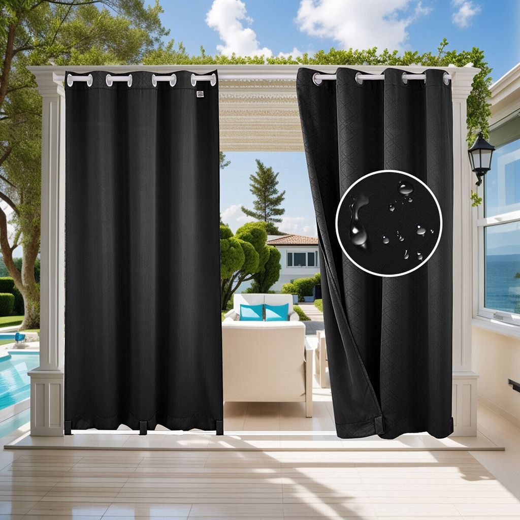 2 Stück Outdoor Vorhänge Wetterfest, Anti-UV Outdoor Vorhang Wasserdicht mit ösen für Balkon Terrasse Veranda Pergola Gartenlaube, Schwarz,132x...