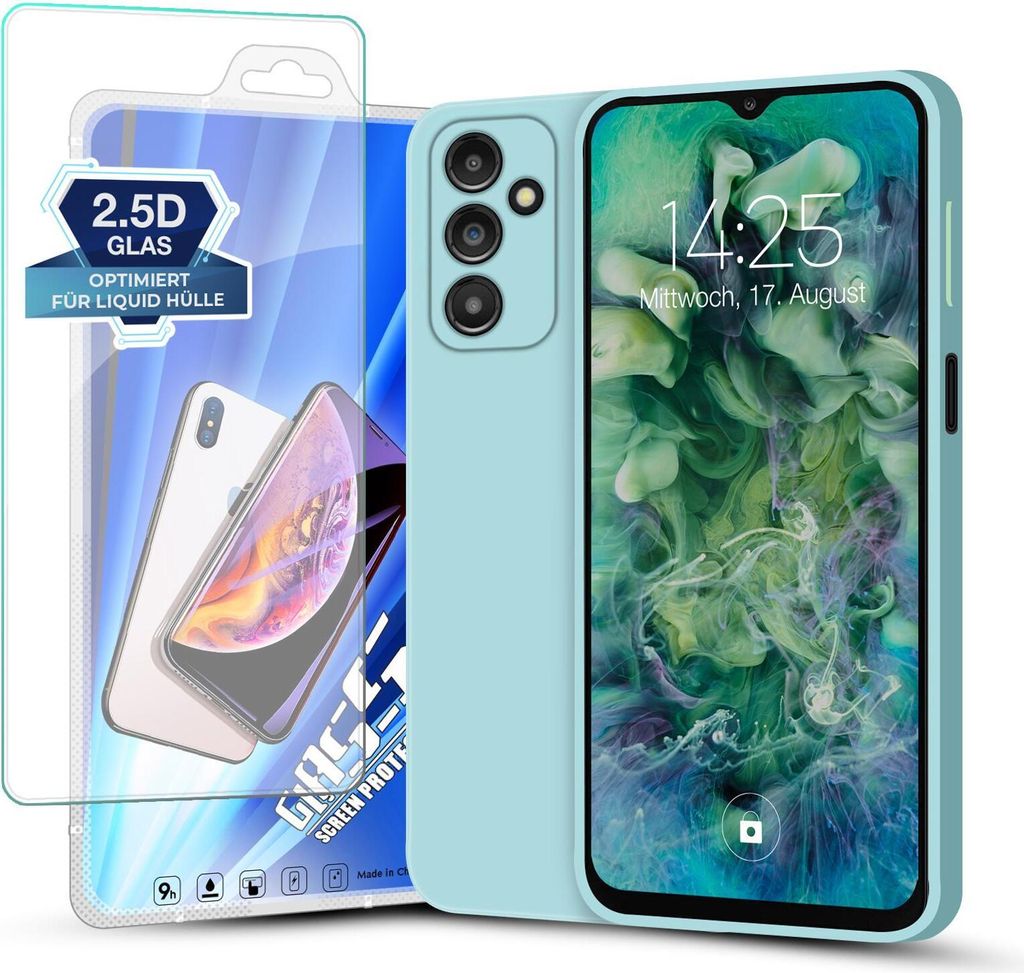 A light blue phone case and screen protector are displayed.