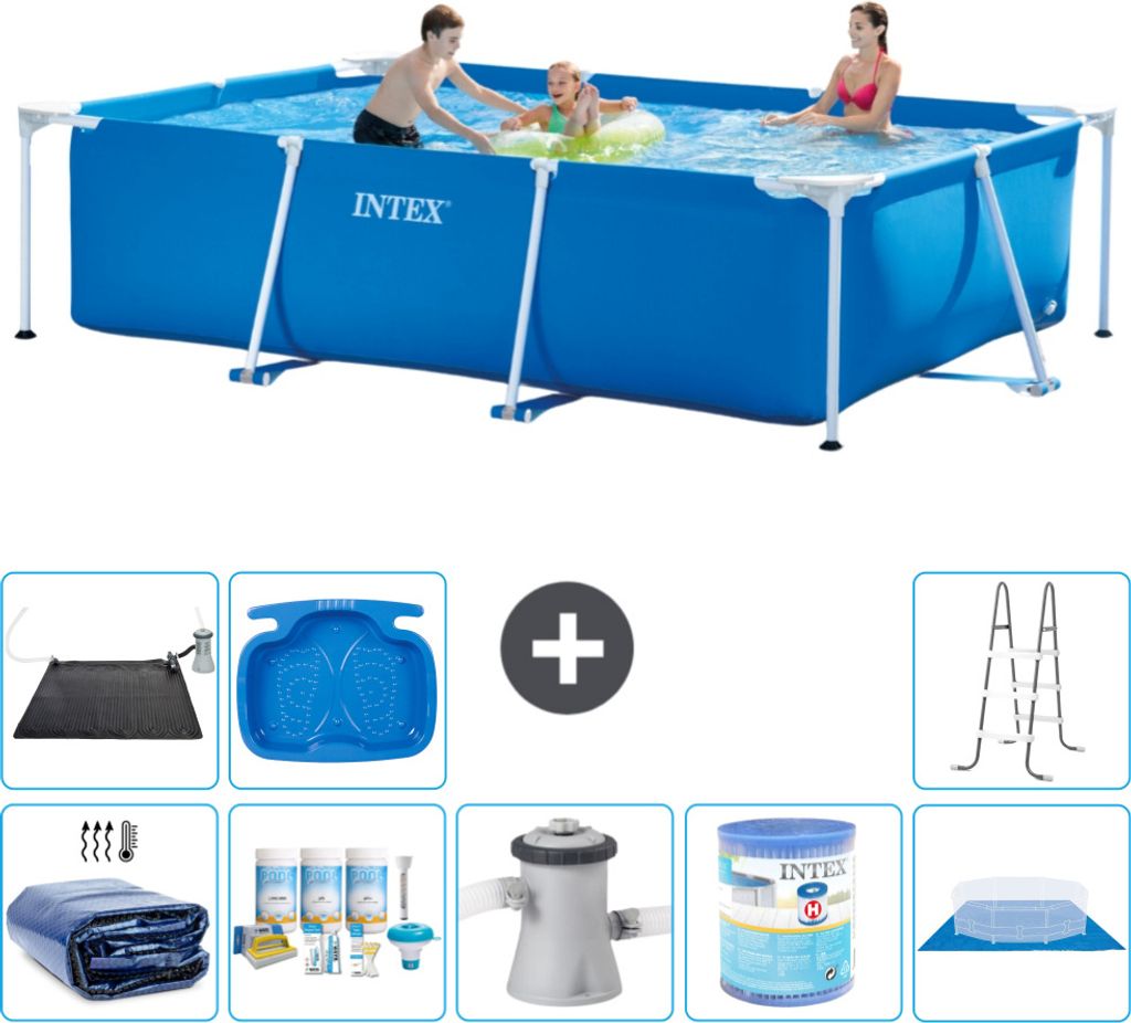 Intex-Schwimmbecken mit rechteckigem Rahmen – 300 x 200 x 75 cm – Blau – im Lieferumfang enthalten Sonnensegel - Wartungspaket - Filterpumpe ...