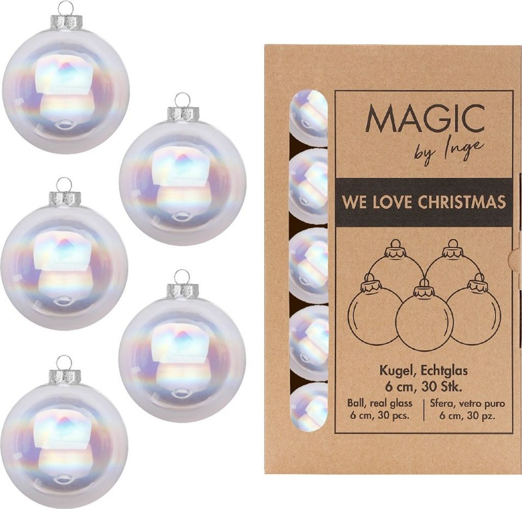 Weihnachtskugeln Glas 6cm 30 Stück - Klar Irisierend