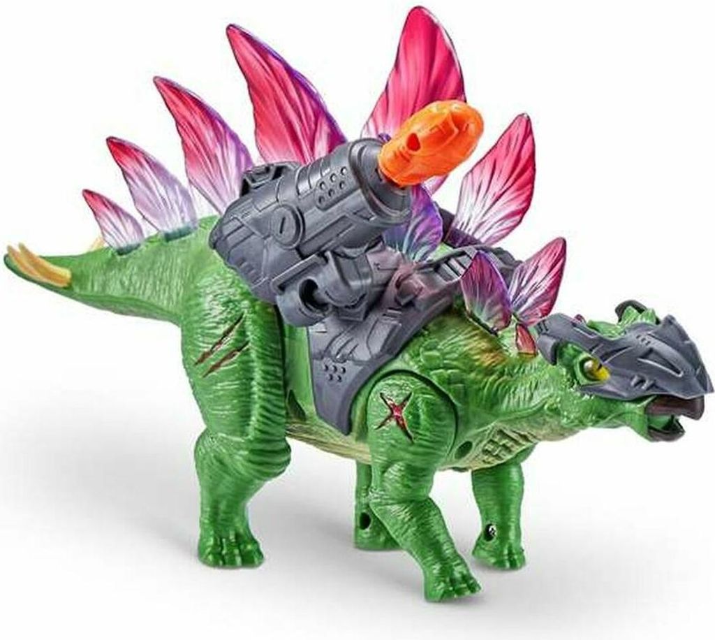 A toy Stegosaurus dinosaur with armor and a cannon.