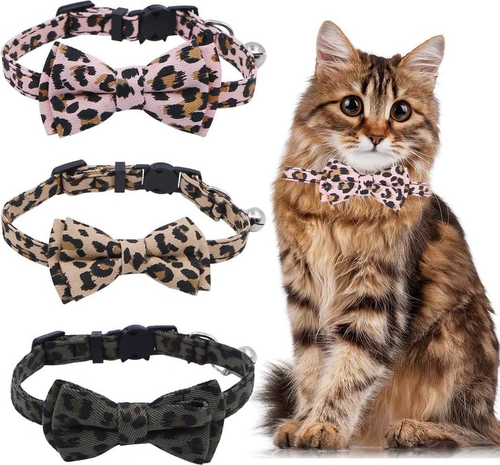 Schattige Leopardenmuster Verstellbare Katzenfliegenhalsbänder - Set von 3 mit Glöckchen