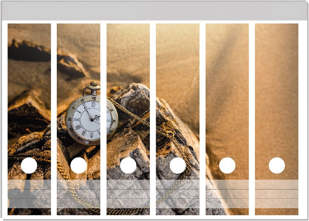 Wallario Ordnerrücken Sticker, selbstklebend für breite Ordner, 6 Stück, Motiv Alte Taschenuhr am Strand