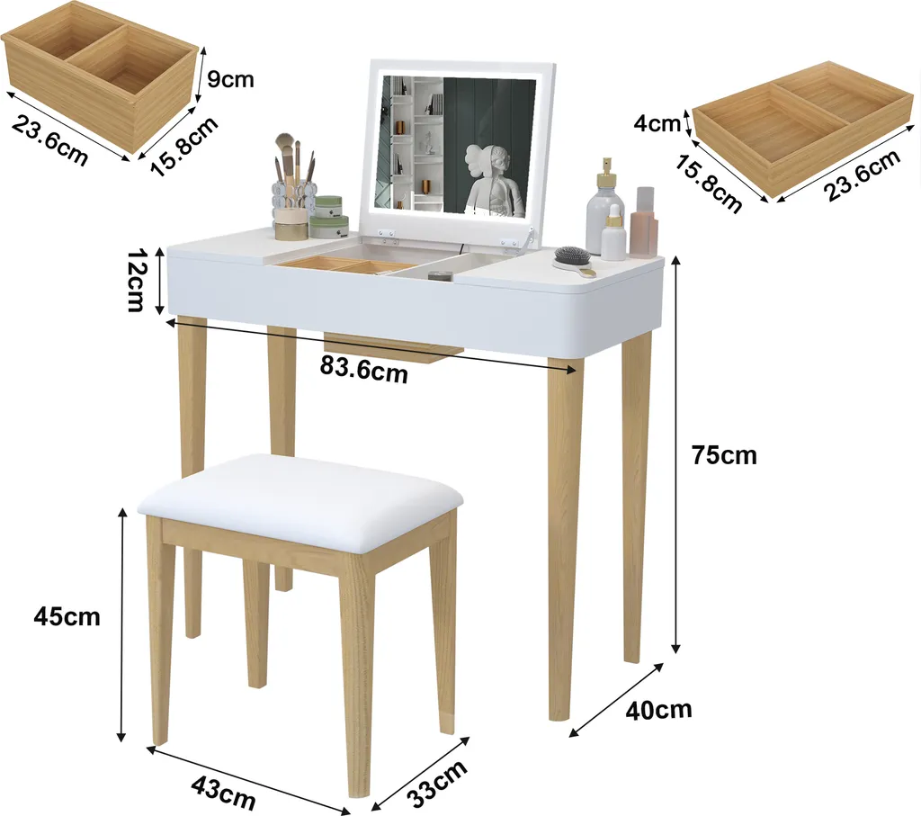 Coiffeuse en Bois avec Miroir Rabattable et 2 Compartiments de Rangement - 7