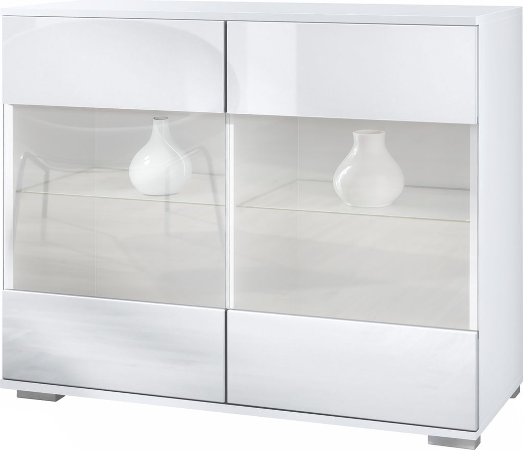 Vladon Kommode Bari V3, Moderner Küchenschrank mit 2 großen Glastüren inkl. RGB Beleuchtung Weiß matt / Weiß Hochglanz (92,5 x 75.5 x 35)