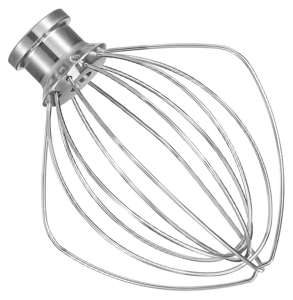A stainless steel whisk attachment for a stand mixer.