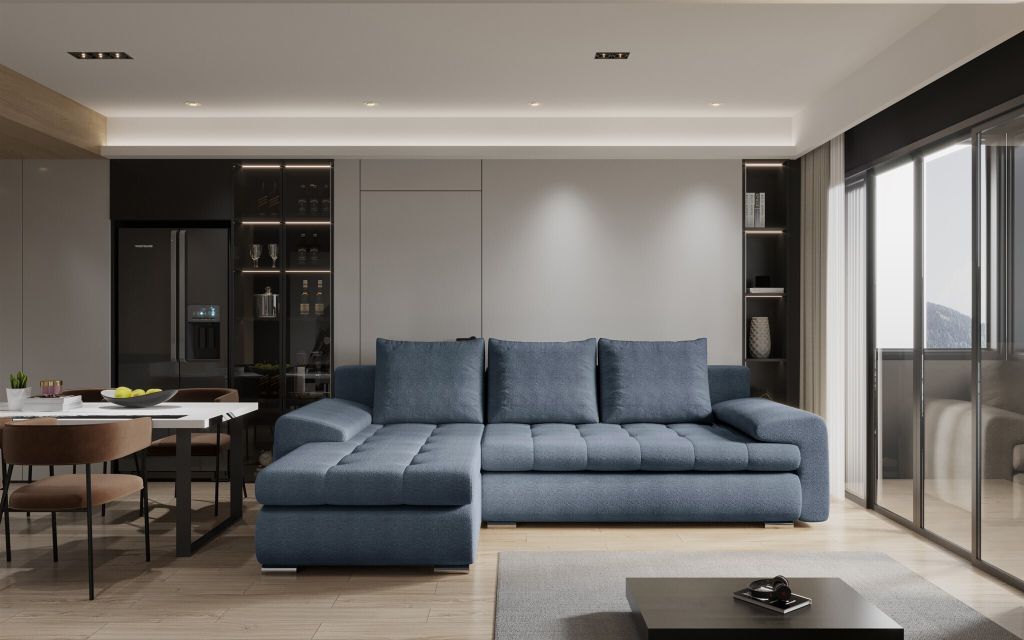 Ecksofa Sofa HECKTOR mit Schlaffunktion Stoff Abriamo Petrol Ottomane Links