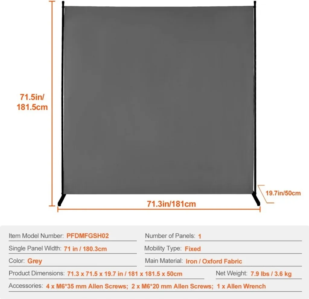 Paravent de Bureau 1,8 m Gris avec Protection Visuelle et Panneau Unique