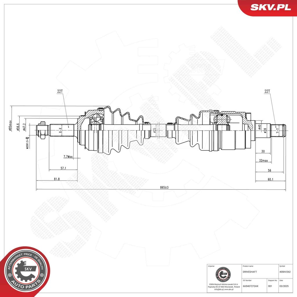 ESEN SKV 40SKV262 Antriebswelle Vorne Rechts für VW Caddy II Pickup (9U7) für SKODA FELICIA II (6U1) Felicia I Pickup (6UF, 6U7) FELICIA I (6U1)