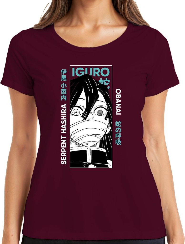 Iguro Obanai Serpent Hashira Dämonenjäger Anime Geschenk Japan Y2K Streetwear Damen T-Shirt, Burgundy, XXL