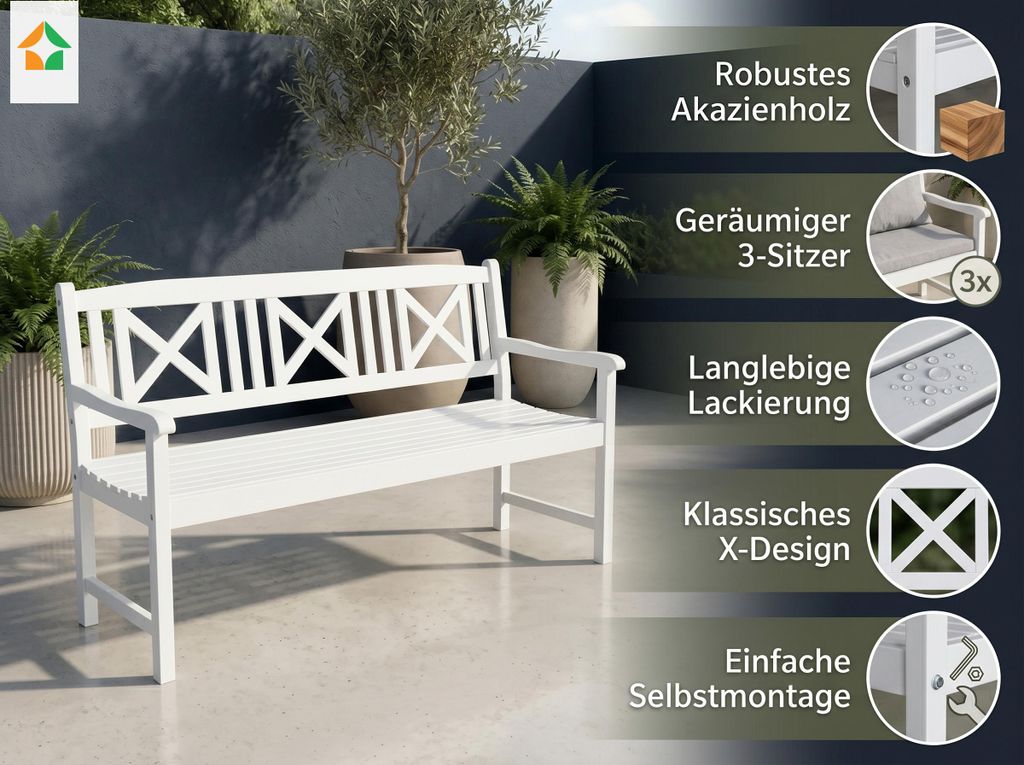 30% RABATT 3-Sitzer Gartenbank aus Akazienholz - Weiß Produktbild 