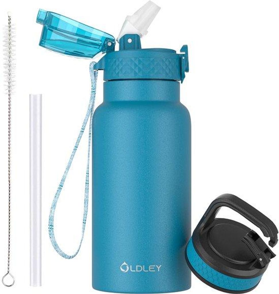 Waterflasche 500ml aus Edelstahl mit Trinkhalter für Schule mit 2 verschiedenen Deckeln, metallisch isolierte Wasserflasche für Jungen, Mädchen,...