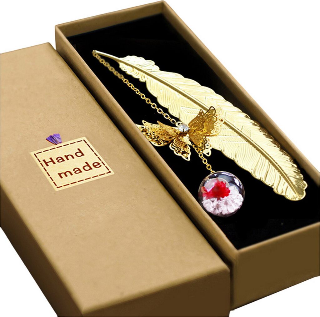 Lesezeichen Vintage Metal Feather Lesezeichen realistische 3D -Schmetterling Anhänger getrocknete Blumenbuchliebhaber Lehrer Geschenkbuchzubehör ...