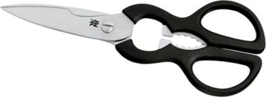 A pair of kitchen scissors with black handles and a silver blade, shown against a white background.