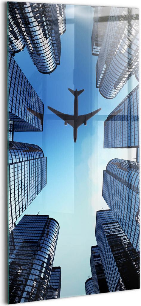 Designer Glasbild - Wandbild - Glas Bild - 70x140 cm - Flugzeug Über Gebäuden