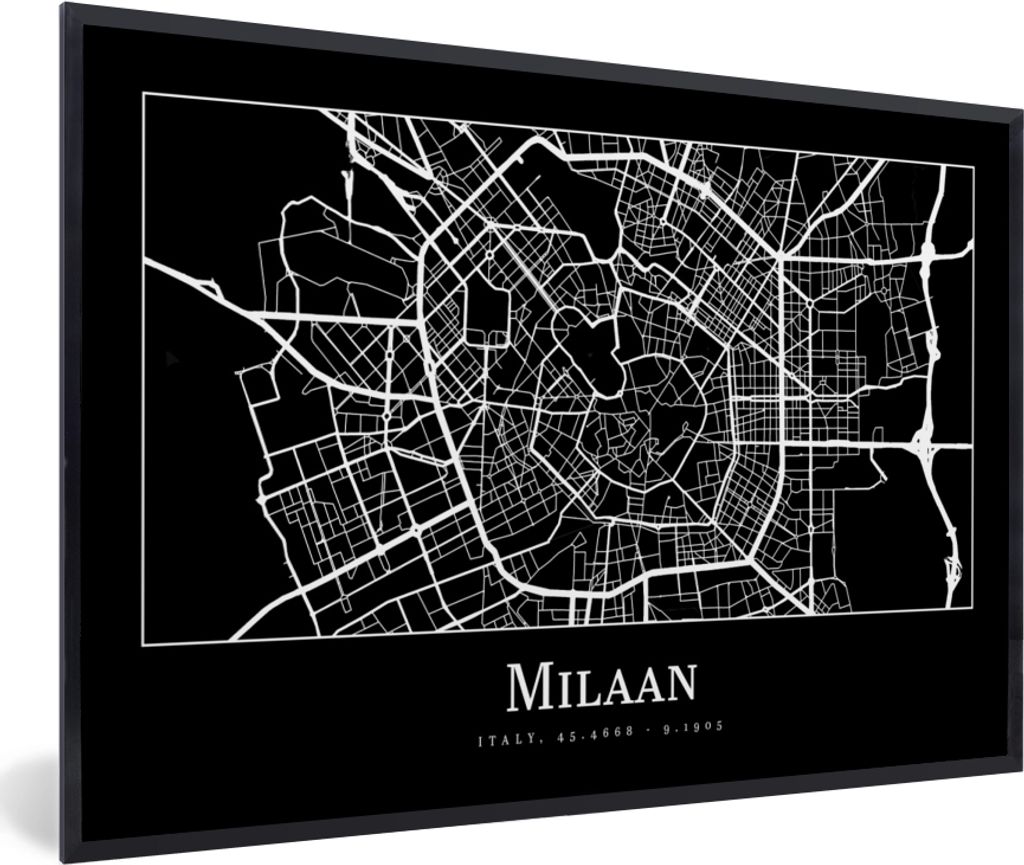 MuchoWow Gerahmtes Poster Mailand - Karte - Stadtplan 30x20 cm - Poster mit Schwarzem Bilderrahmen Wandposter Rahmen Foto Bilder - Kunstdruck - B...
