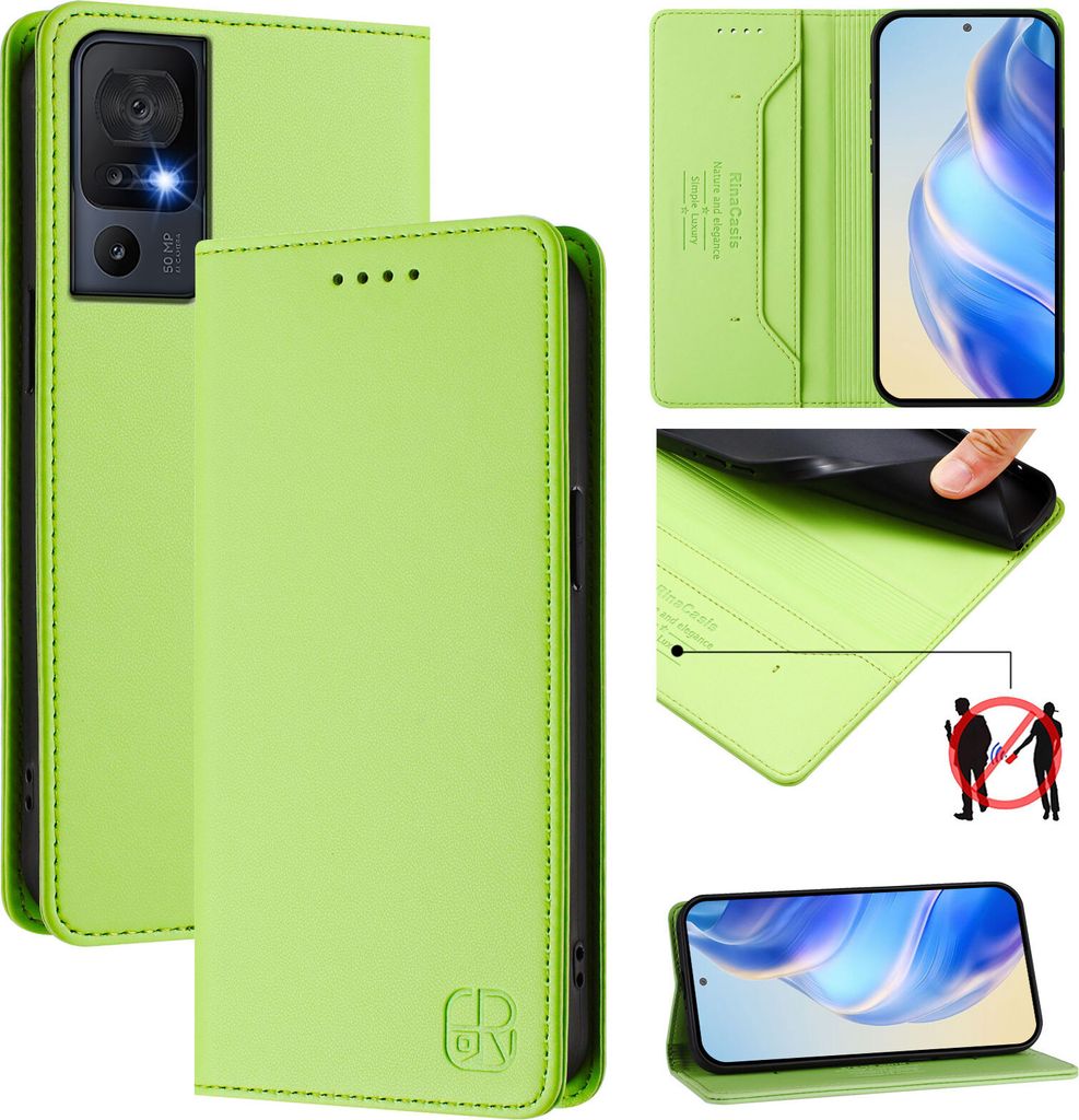 Lederhülle für TCL 40 SE Hülle Flip Brieftasche Kartenfächern Ständer Schutzhülle Grün