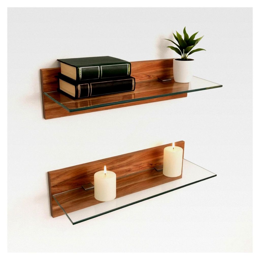 Wandregal - Holzregal mit Glasablage im 2er Set, stabil und hochwertig für Küche, Wohnzimmer, Schlafzimmer, Büro, Flur, Badezimmer