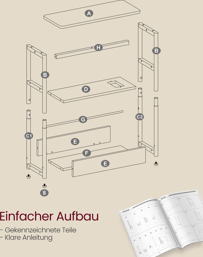 VASAGLE Beistelltisch schmal, mit Ladefunktion, 3 Ablagen, Produktbild 