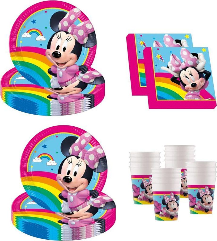 Minnie Mouse Rainbow Geburtstagsdeko, 52-teilig, Pappteller, Becher und Servietten für Kindergeburtstag, Partygeschirr Minnie Maus