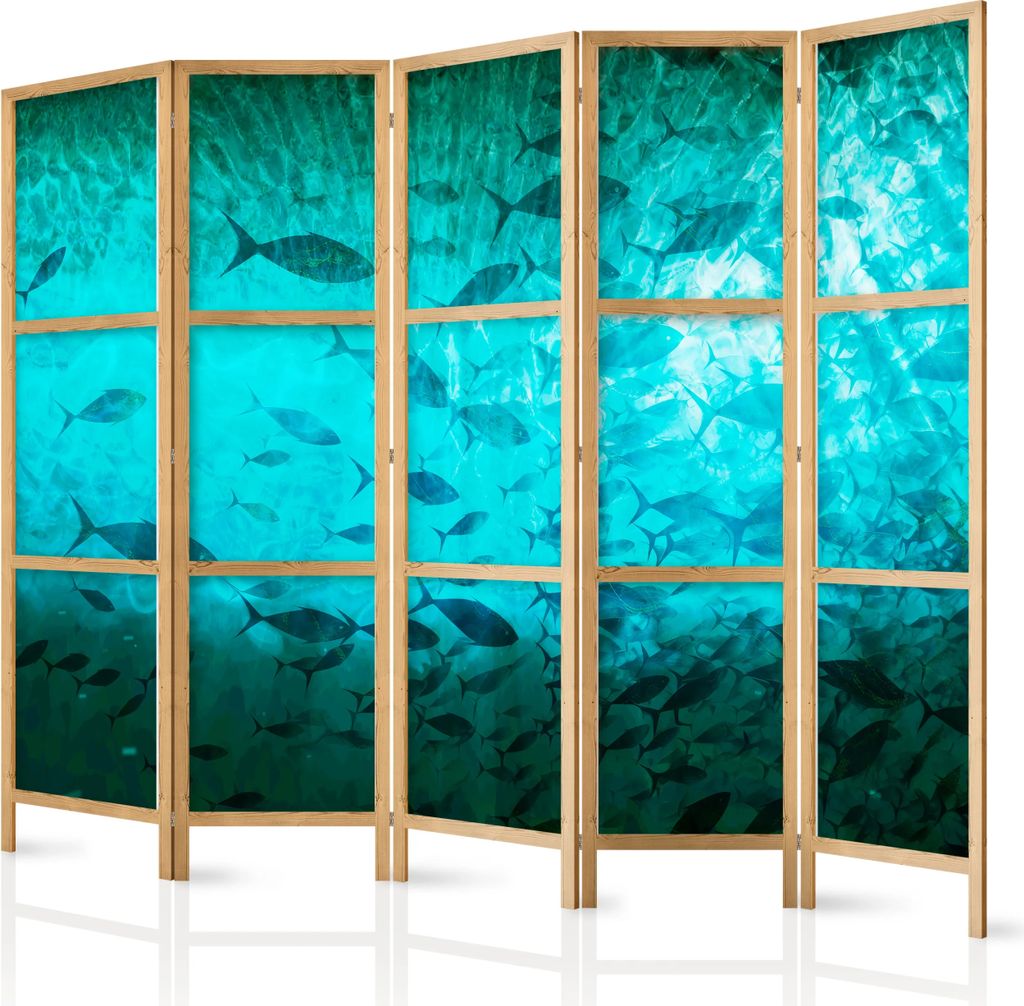 5-teiliger Einseitiger Vlies Japanischer Paravent - Underwater Paradise - Numerous Schools of Fish in a Beautiful Turquoise-Blue Depth Illuminated ...