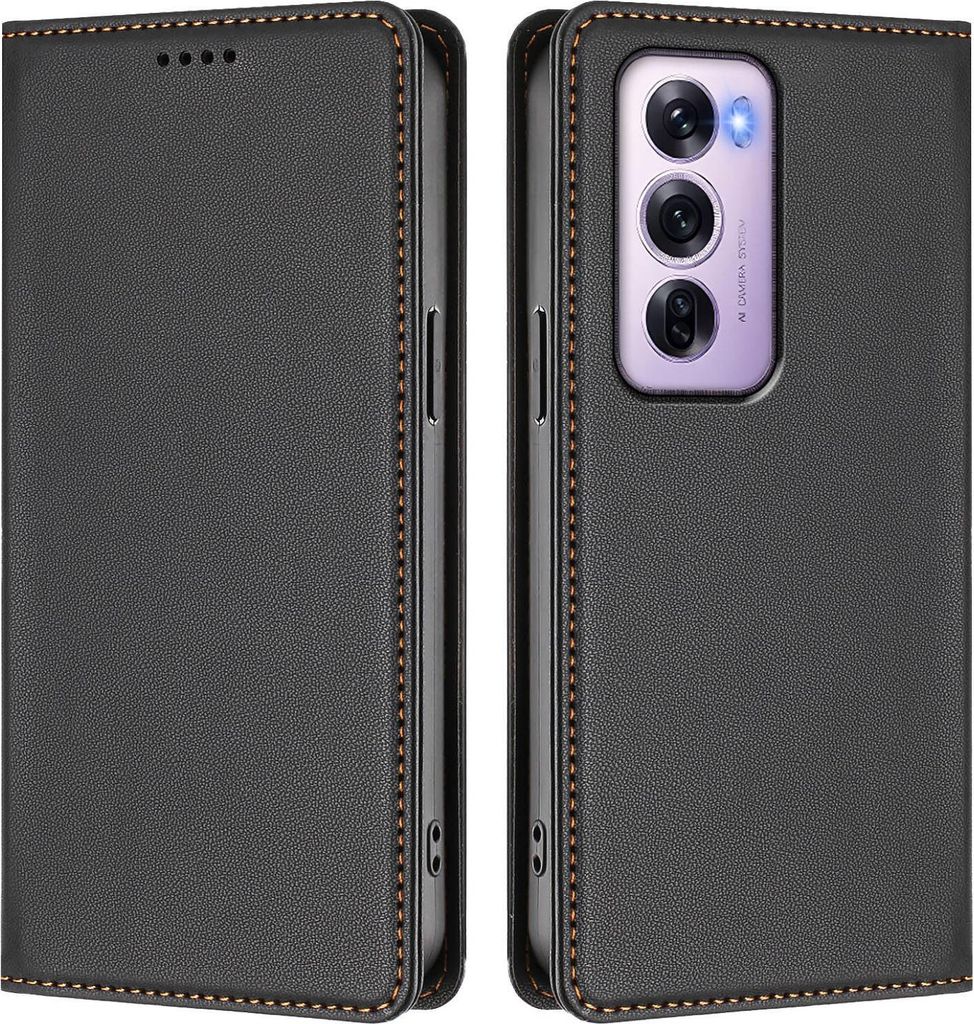 Handyhülle für Oppo Reno12 Pro 5G, Kunstleder Klapphülle Stoßfeste Magnetische Hülle mit Ständer Schwarz
