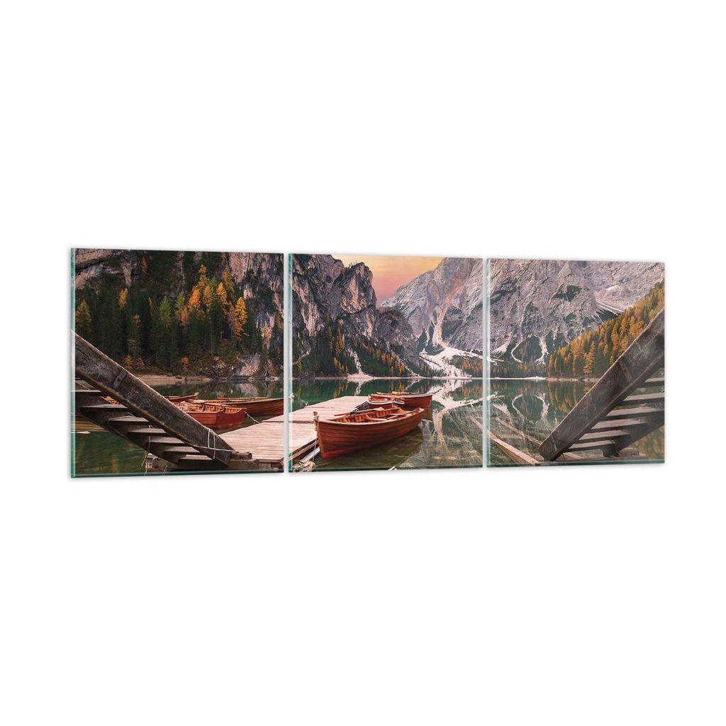 Bilder auf glas - 3 Teile - Boote Berge See - 120x40cm - Glasbilder - Wandbilder - Bilder - zum Aufhängen bereit - Wanddekoration aus Glas - Glas ...