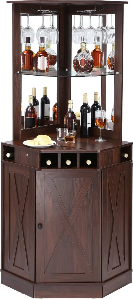 Table à vin d'angle avec porte-verre suspendu, finition noyer foncé
