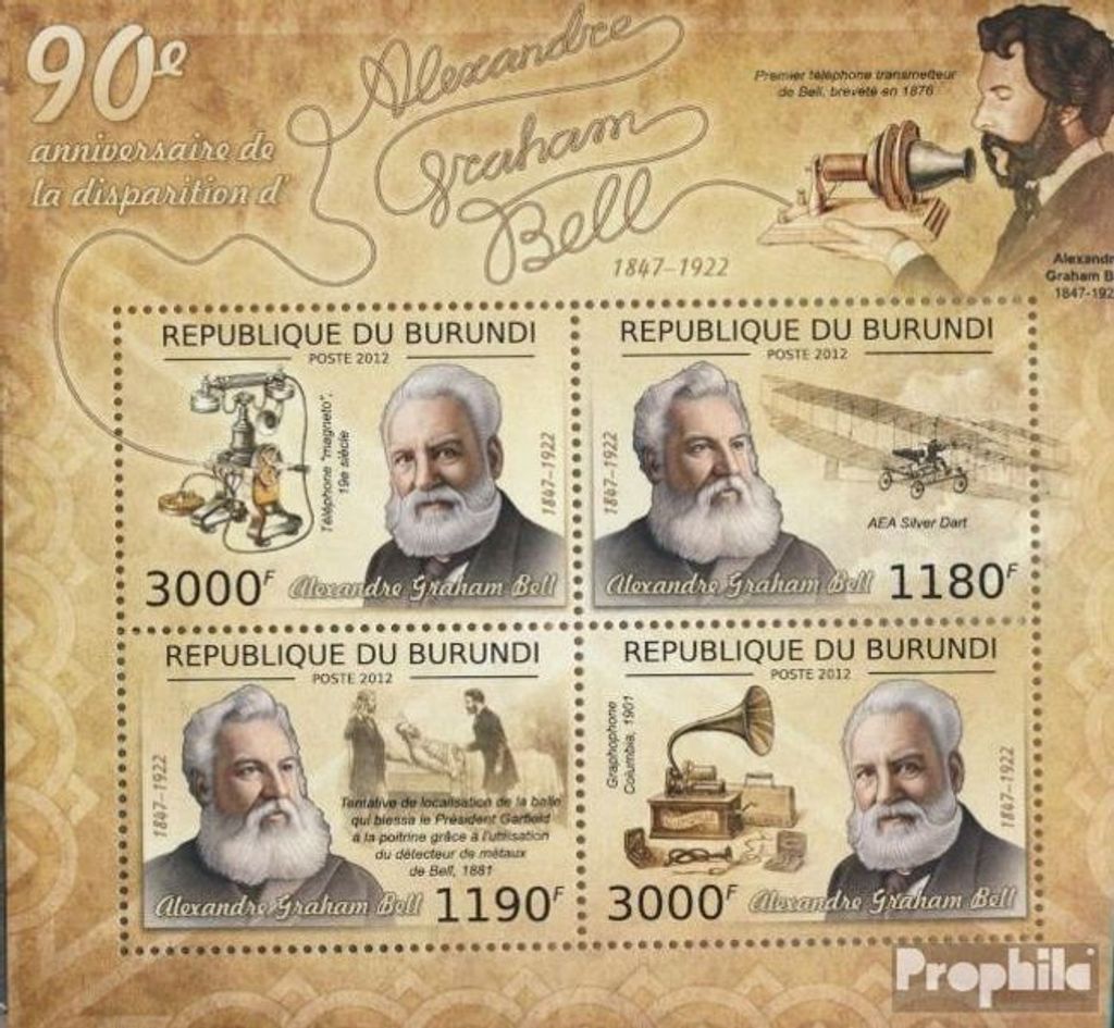 Briefmarken Burundi 2012 Mi 2650-2653 Kleinbogen (kompl. Ausgabe) postfrisch AG Bell (1847-1922), (90. Jahrestag)