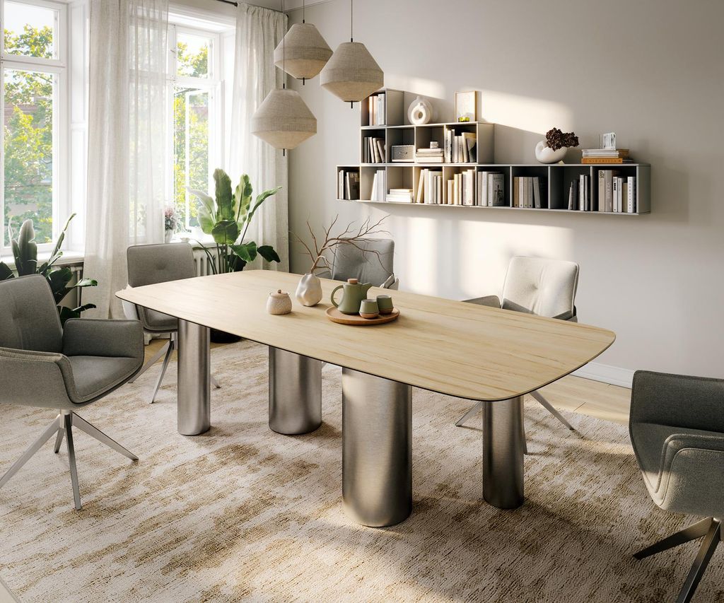DELIFE Esstisch Edge Boot 260x120 cm Keramik Laminam Sabbia Eichefarbig Pilier Edelstahl gebürstet