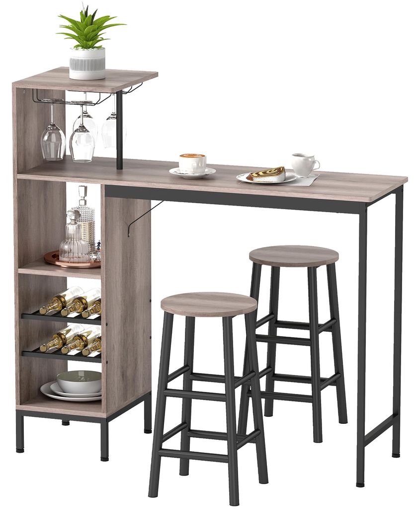 Bartisch-Set 3-teilig Stauraum Weinregale Glashalter Hocker Fußstütze Grau