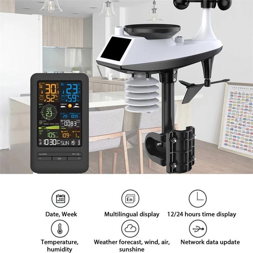 Intelligente Wetterstation - Thermometer Hygrometer - WLAN - Windgeschwindigkeit & Richtung - Niederschlag - Luftqualität - Freistehend - Schwarz