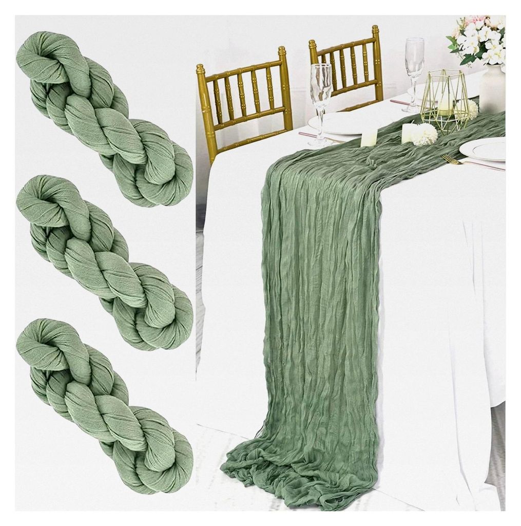 3 Stück Käsetuch Tischläufer in Salbeigrün, 300 x 90 cm, transluzent, Boho Tischfahne, Gaze Tischdecke für Dekoration bei Hochzeiten, Abendess...