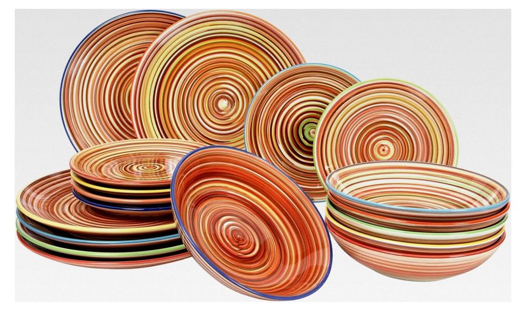 Rhythm & Lines | 18-teiliges Geschirrset | Tafelservice für 6 Personen | 6 Essteller, 6 Dessertteller, 6 tiefe Teller | mehrfarbig | spülmaschine...