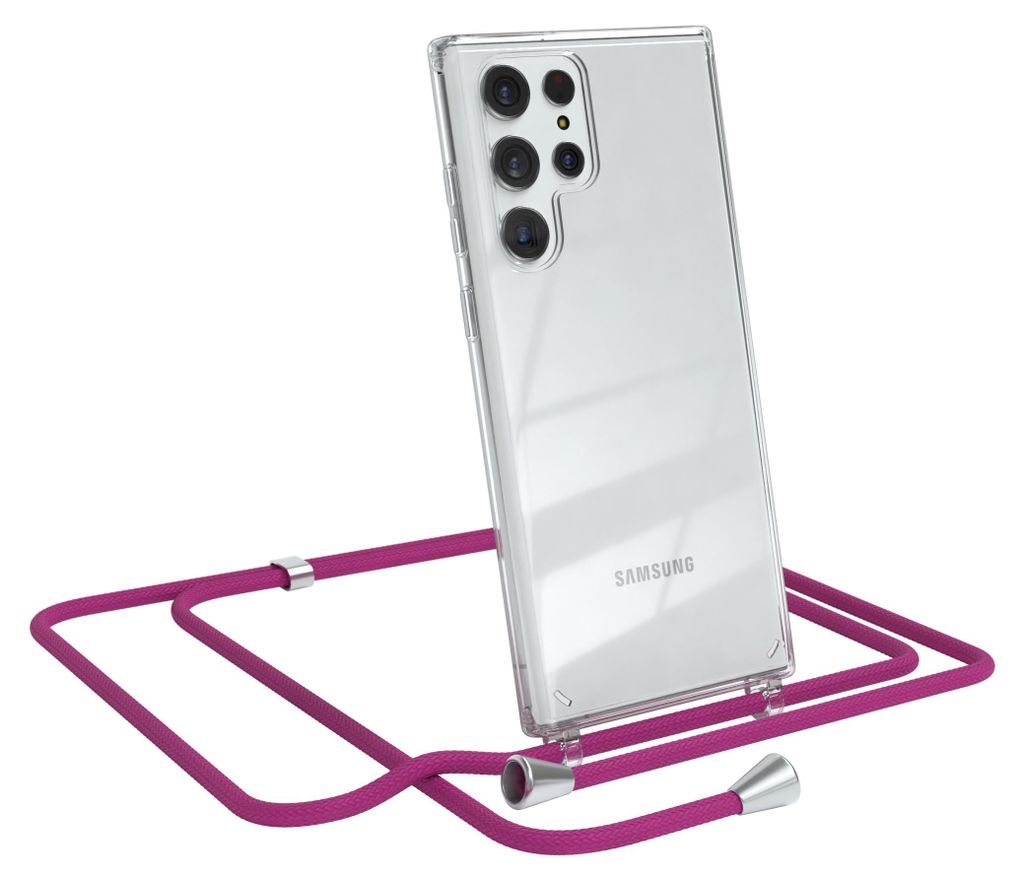 EAZY CASE Handykette kompatibel mit Samsung Galaxy S22 Ultra 5G, Handyhülle mit Umhängeband, Handykordel, Schutzhülle Clear, Band in Rosa