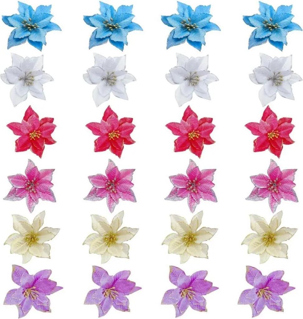 Décoration de Sapin de Noël Fleurs Artificielles 24x Étoiles Multicolores