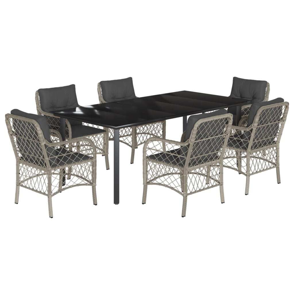 7-tlg. Garten-Essgruppe mit Kissen Hellgrau Poly Rattan