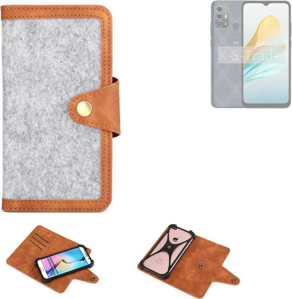 K-S-Trade Handyhülle kompatibel mit ZTE Blade A53 Pro Schutzhülle Filz-Hülle Kunst-Leder hellgrau braun (1x)