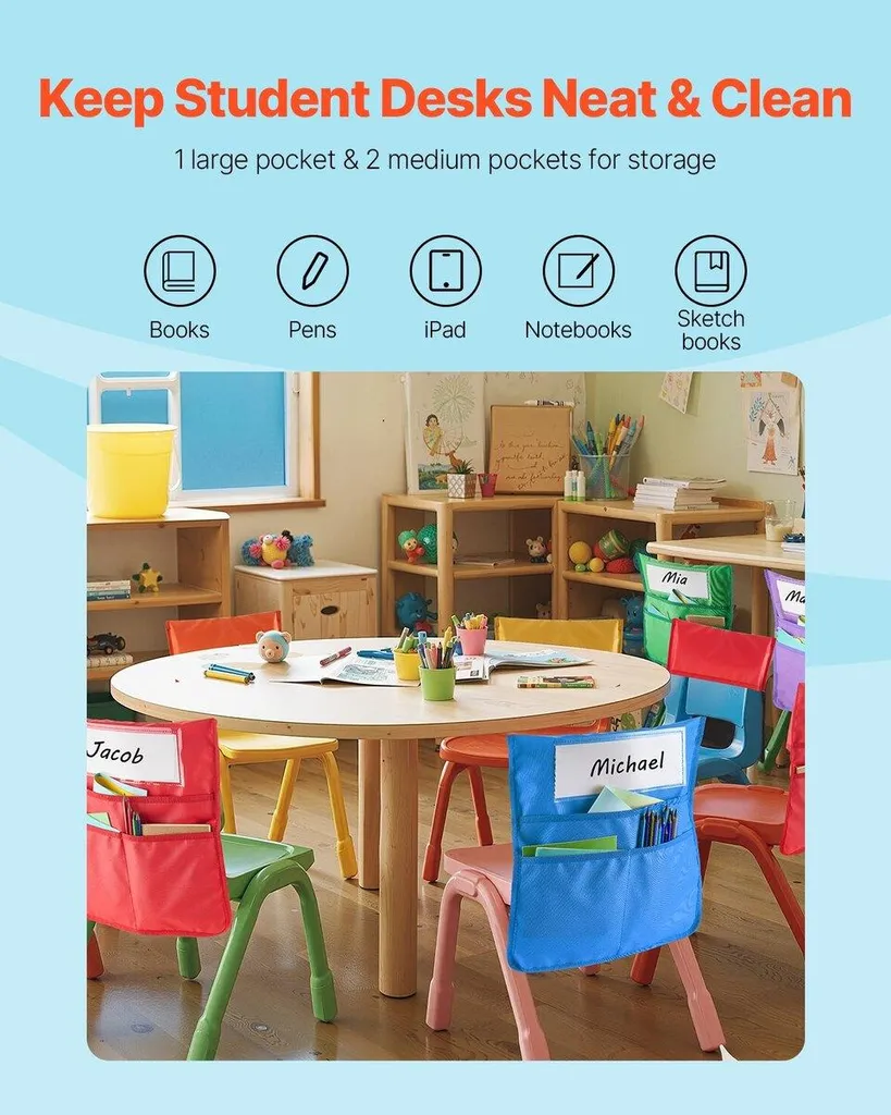 Rangement scolaire gain de place : 24 pochettes de chaise pour élèves - 3