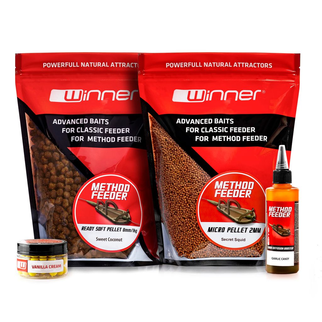 Winner 4er-Set Session Method & Feeder Box Sweet Köder-Set, Ready Soft Pellet 8 mm, Micro Pellet 2 mm, Turbo Diffusion Booster, Fluo Pop Up Boilie...