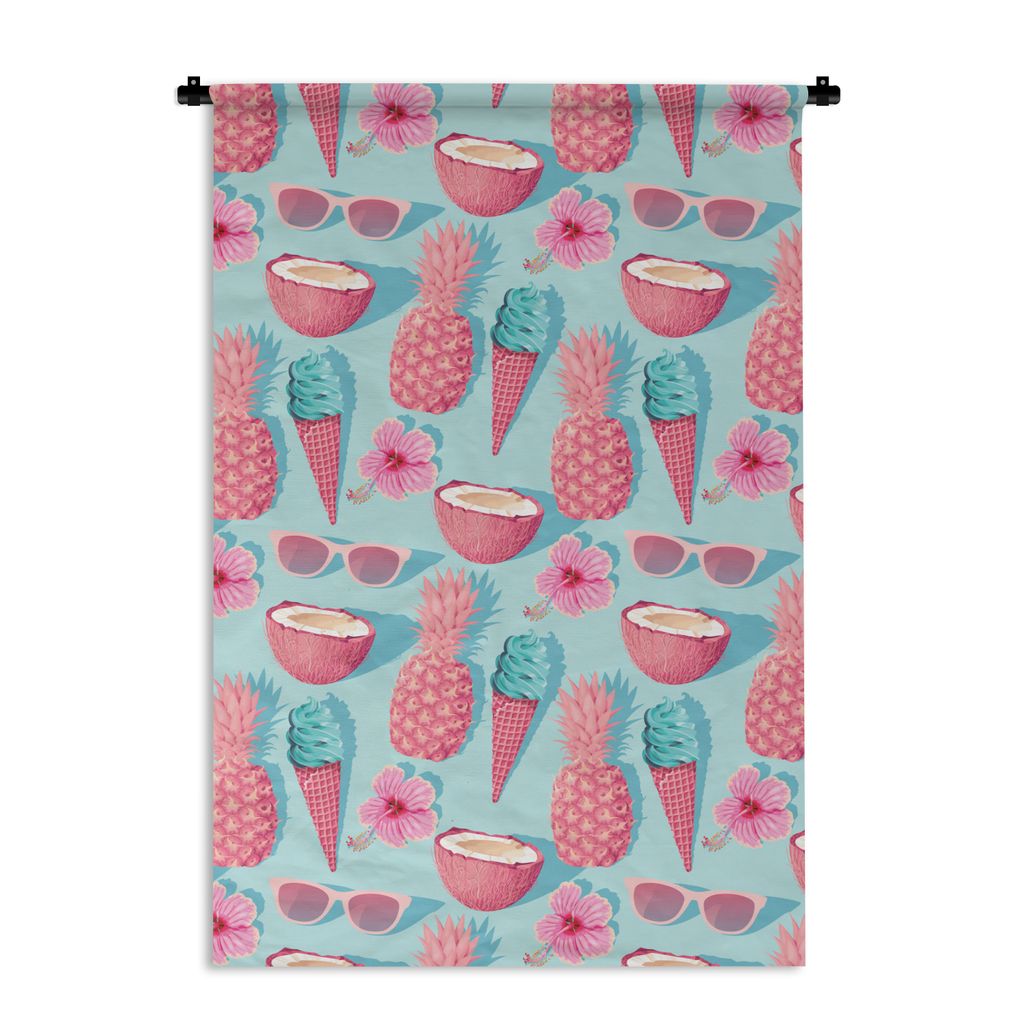 MuchoWow Wandteppich Wandbehang Sommer - Rosa - Blau 120x180 cm Tapisserie Dekoration Wandtuch - Schlafzimmer - Dekorationen für das Haus