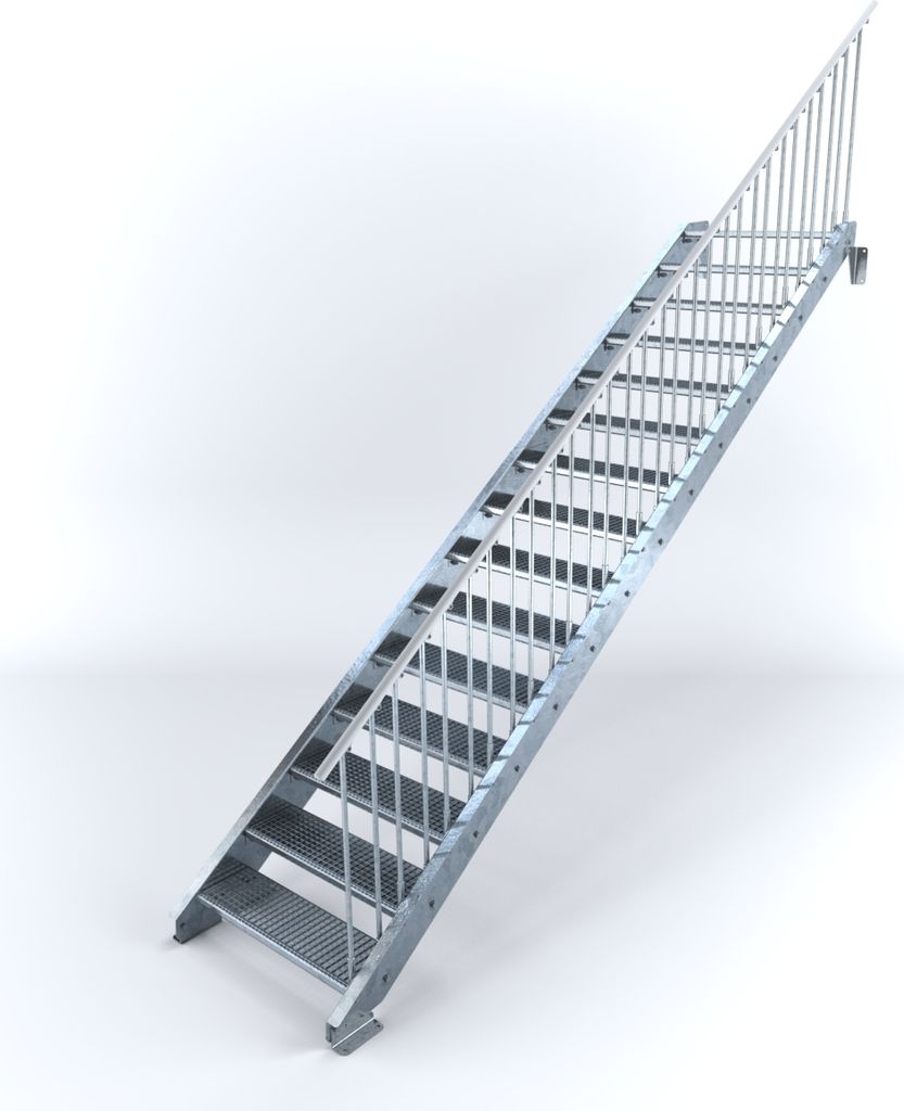Stahltreppe 15 Stufen bis Höhe 300 cm, Laufbreite : 90 cm Geländer rechts ST 2 (31 / 31 mm gezackt)