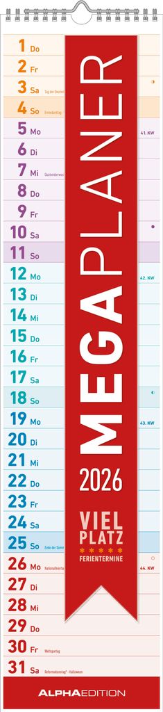 Alpha Edition - Megaplaner 2026 - Streifenkalender 14,5×64 cm mit viel Platz für Notizen & Ferienterminen, übersichtlicher Wandplaner & Küchenk...