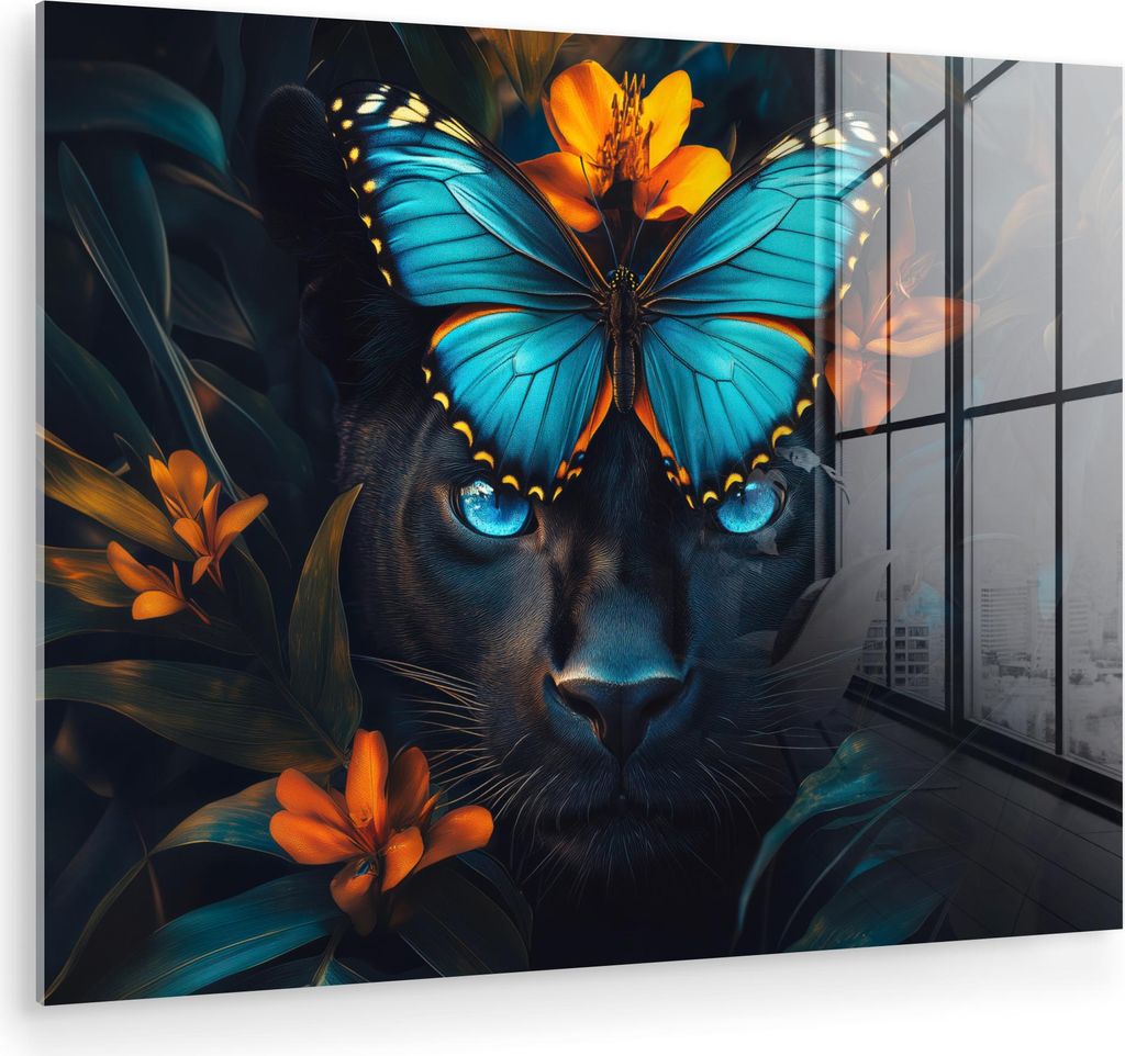 MuchoWow Glasbilder - Bilder auf Wandbild - Foto auf Glas Panther - Schmetterling - Blau - Blumen - Natur 80x60 cm Wanddekoration aus Glas - Acrylg...