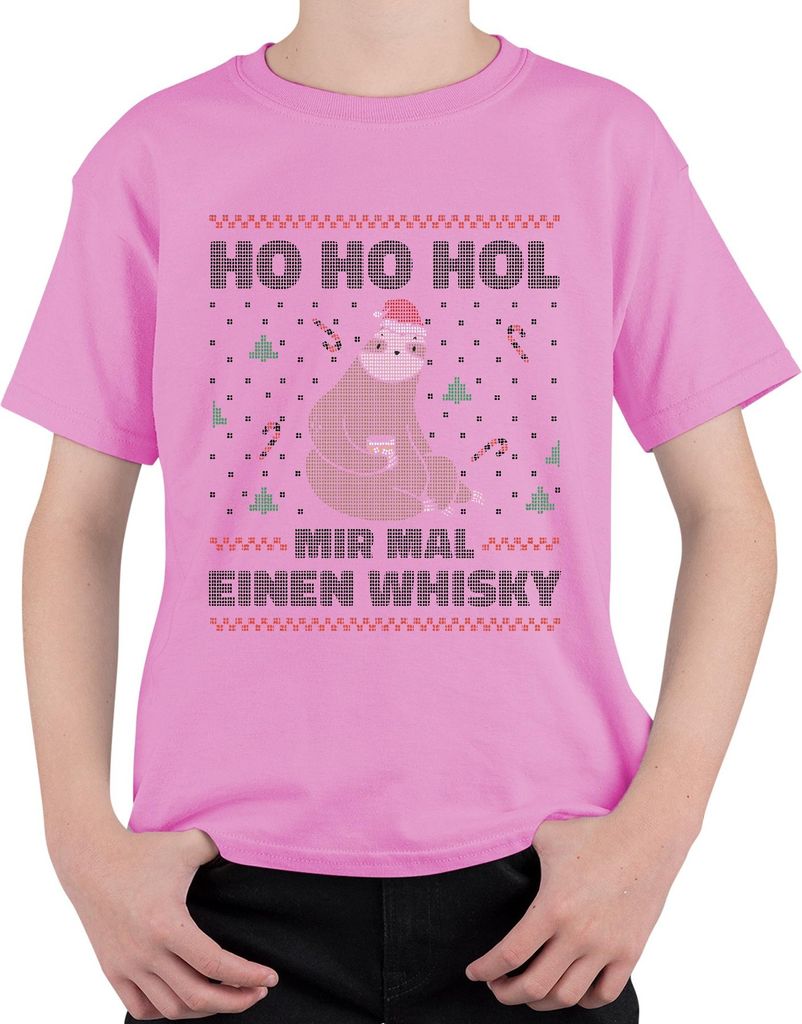 Ho Ho Hol mir mal einen Whisky Faultier - Ugly Christmas Sweater Weihnachten Uni Kinder T-Shirt, Pink, 128