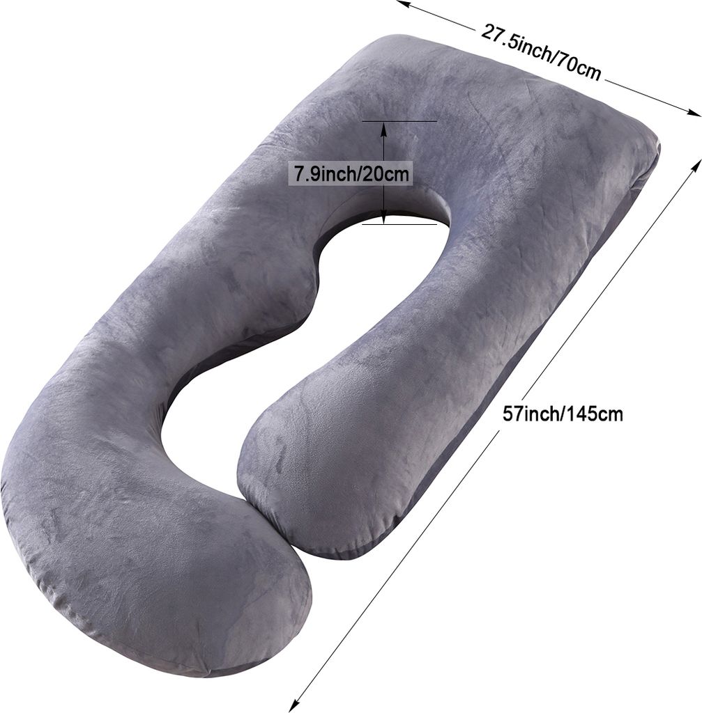 A U-shaped pregnancy pillow with dimensions indicated by text overlays.