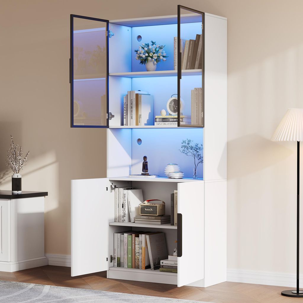 STILVORA Vitrine mit Glastüren, Hochschrank mit LED-Beleuchtung, offenen Aufbewahrungselement in der Mitte, weiße, für Sammlerstücke, 80×30×2...