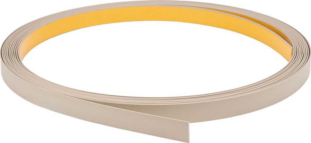 A roll of beige flat profile trim with adhesive backing, coiled on a white background.