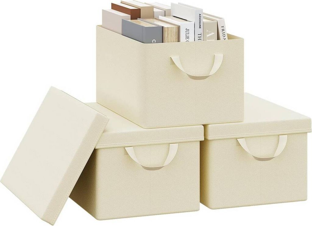 WOLTU 3er Set Aufbewahrungsboxen mit Deckel, mit Griffen, faltbar, Creme : 20L(38x27x20 cm) Größe: 20L(38x27x20 cm)