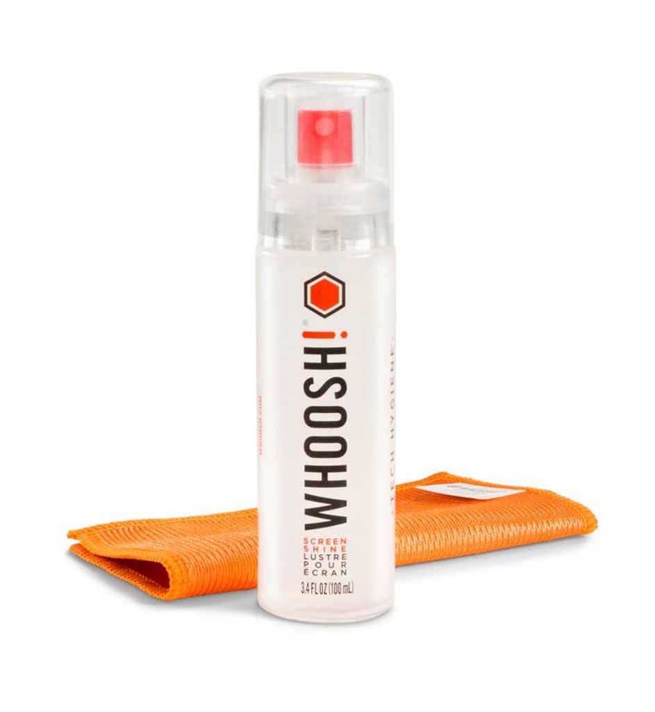 A bottle of WHOOSH screen cleaner and an orange microfiber cloth are displayed on a white background.